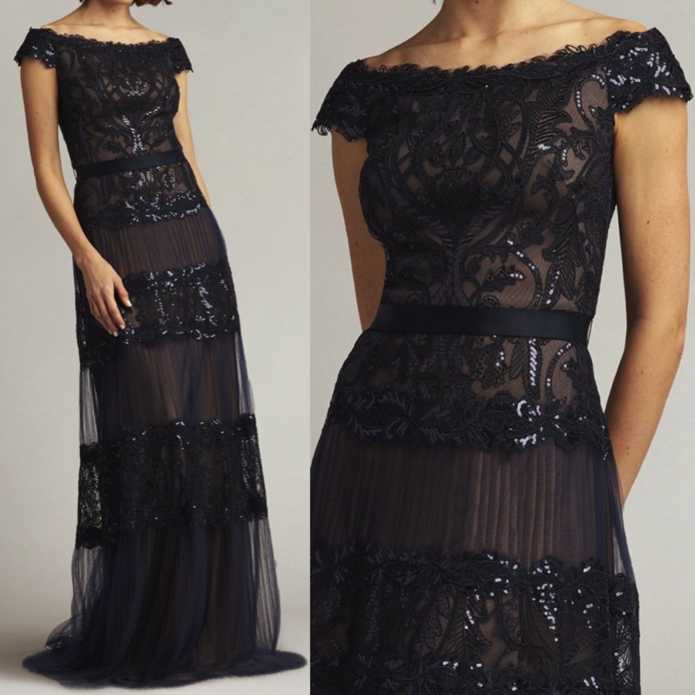 NWT TADASHI SHOJI ZAIRA TIERED TULLE GOWN DRESS CCA23274L Navy Nude